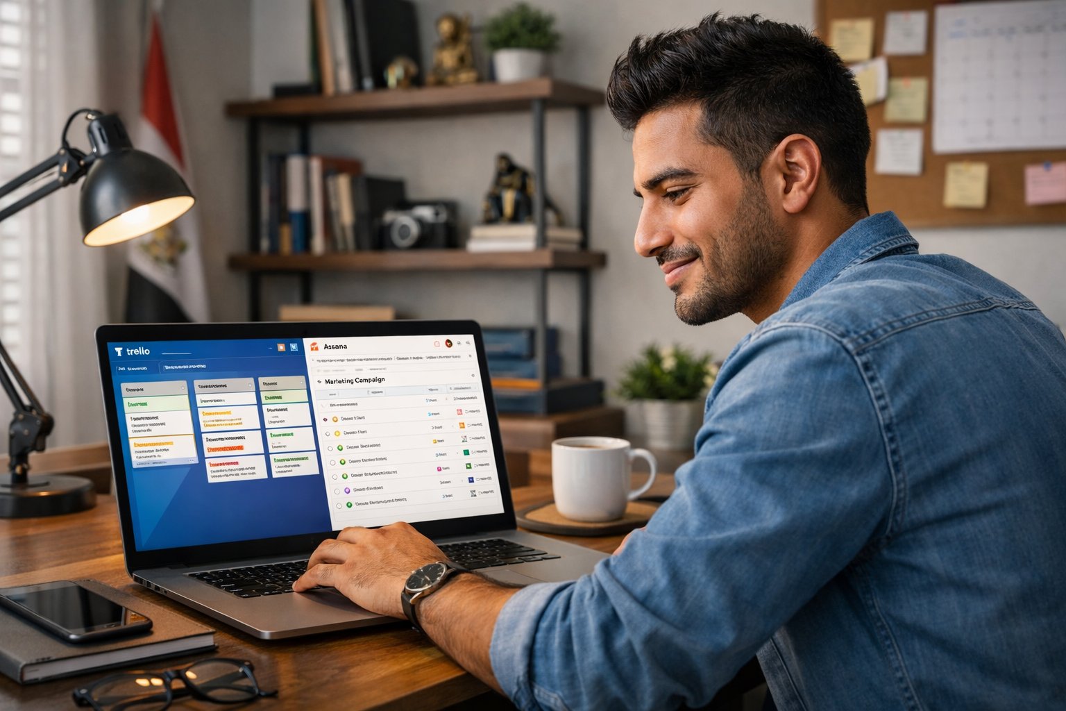 Young Egyptian freelancer looking at a laptop screen displaying Trello and Asana interfaces