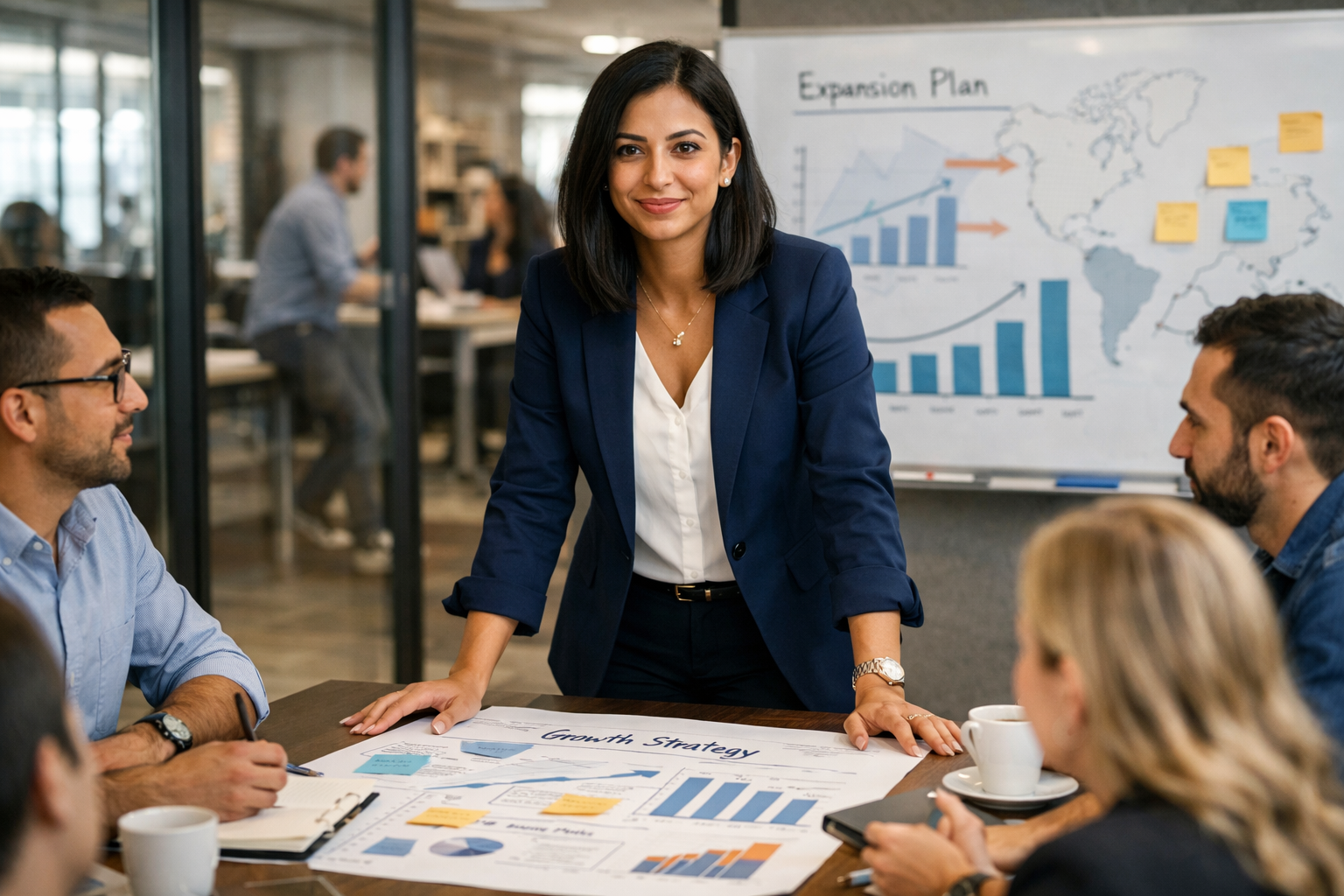 Professional Egyptian woman confidently overseeing a growing team in a modern office, scaling her freelance business