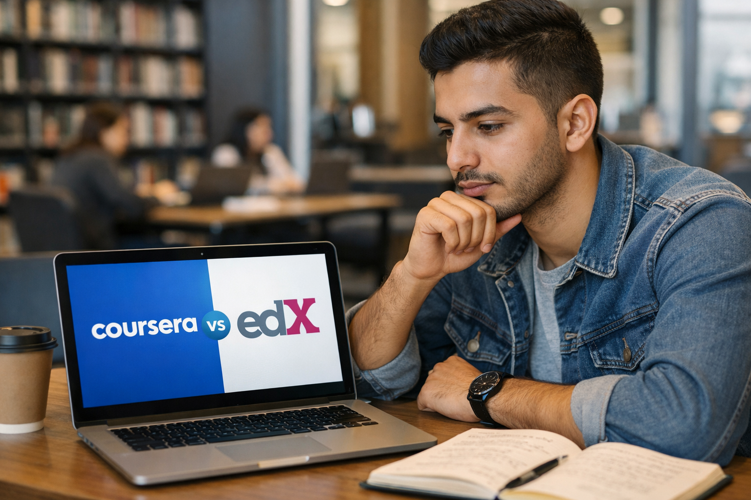 Young Egyptian student thoughtfully comparing Coursera and edX on a laptop in a library setting