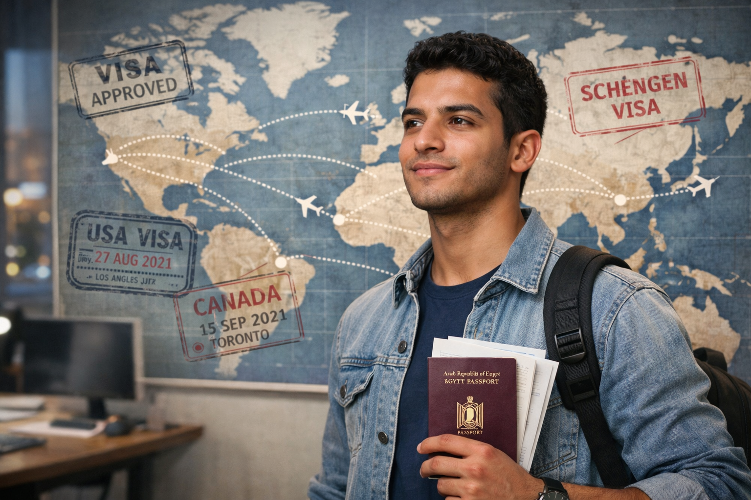 Young Egyptian student looking confidently at a world map with visa stamps, holding an Egyptian passport