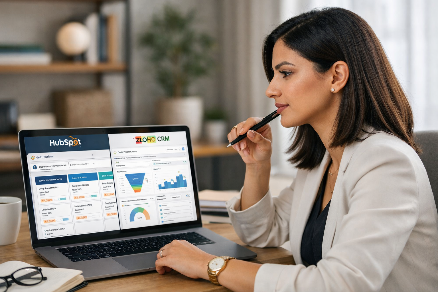 Professional Egyptian woman comparing HubSpot CRM and Zoho CRM on a laptop