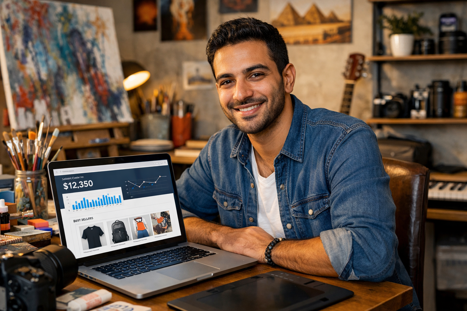 Young Egyptian creative in his artistic workspace, looking confidently at a laptop displaying business metrics